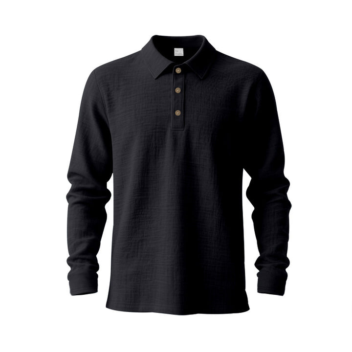 Men's Long Sleeve Polo Shirt made of Cotton Gauze with Three-Button Placket Mune Fashion