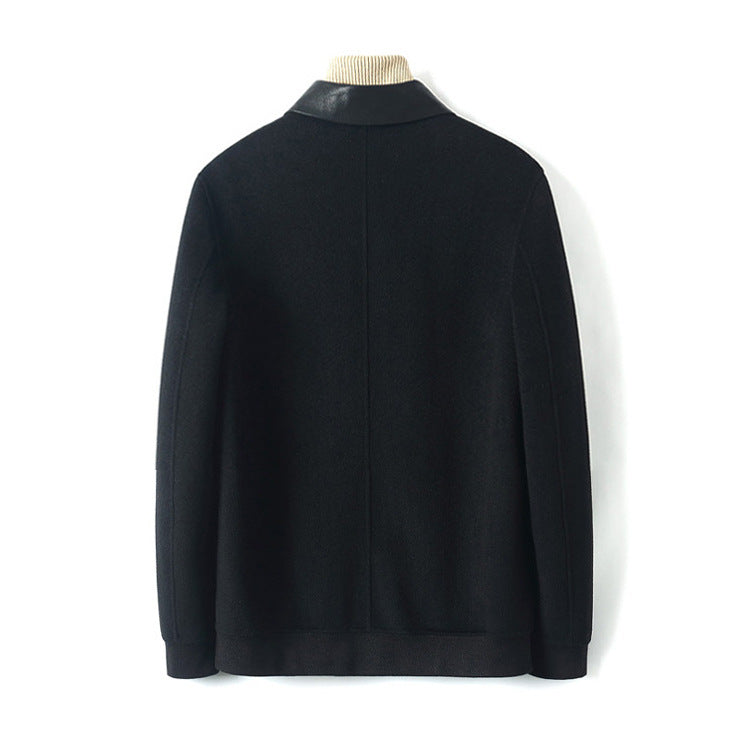 Men's Zip Woolblend Jacket with Leather Collar and Slim Silhouette Mune Fashion