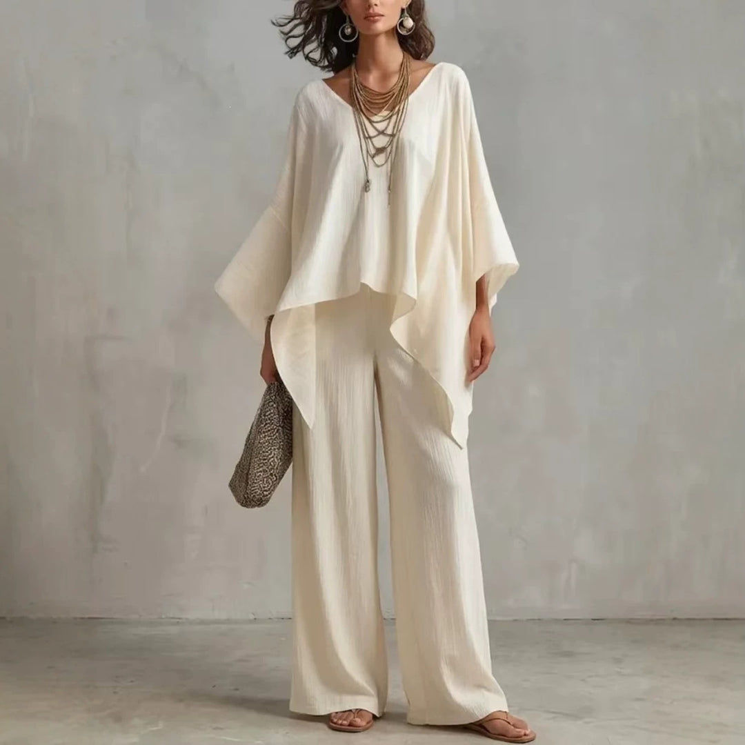 Women's Two-Piece Set with Oversized Poncho Top and Wide Palazzos Pants EB