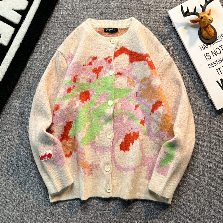 Women Oversized Cardigan with Abstract Intarsia Pattern Mune Fashion