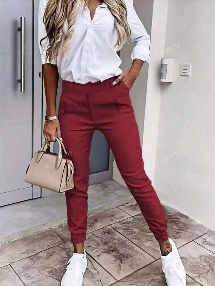 Women Slim-Fit Chino Joggers with High Waist and Elastic Cuffs