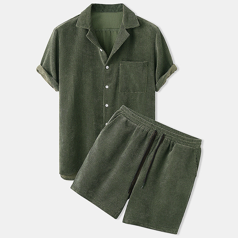 Men's short-sleeve leisure set with waffle texture, lapel collar and drawstring pants Mune Fashion
