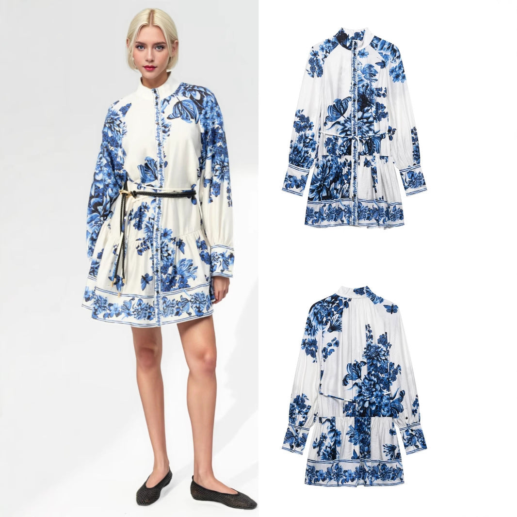 Women's midi dress with stand-up collar, full button placket and waist drawstring Mune Fashion