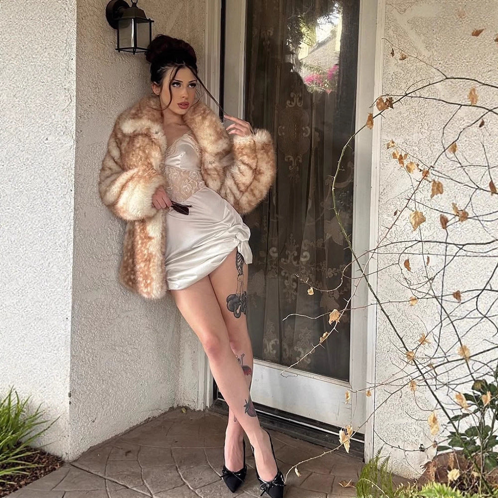 Women Mid-length plush faux fur coat with voluminous shawl collar and boxy silhouette Mune Fashion