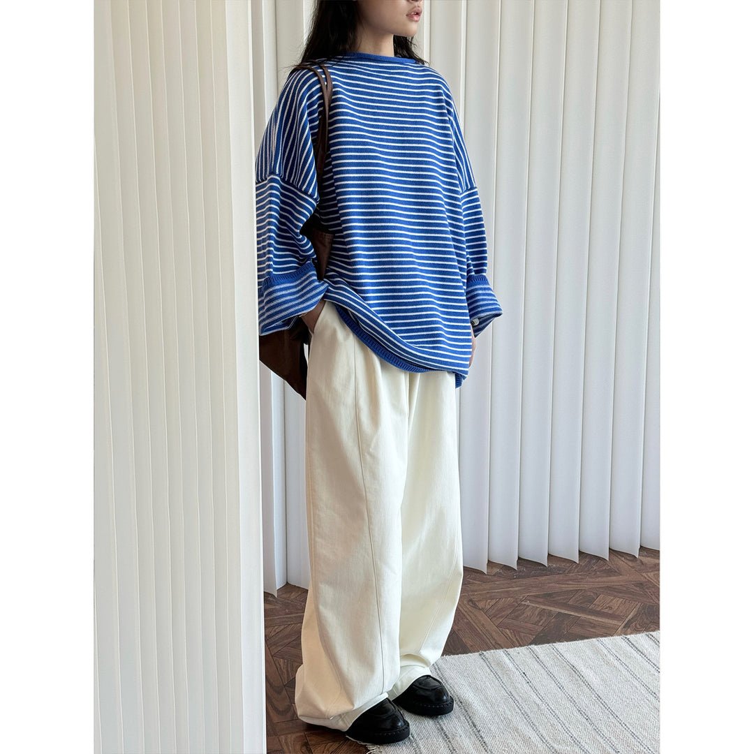 Women's Striped Oversize Knit Sweater with Short Stand-Up Collar Mune Fashion