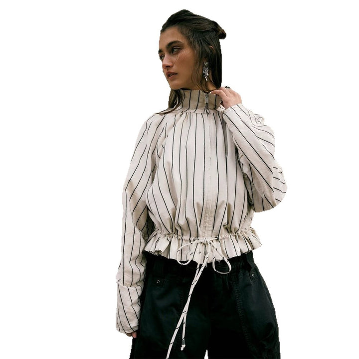 Women's Lightweight Striped Cropped Blouse with Drawstring Hem, Stand-up Collar and Half Zipper Front