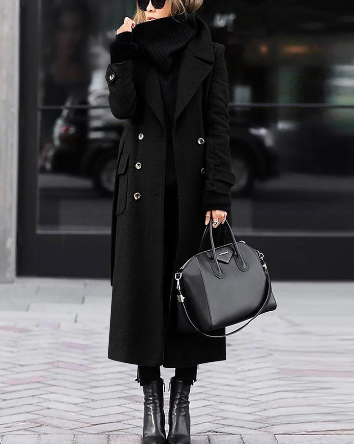 Ladies elegant maxi wool blend coat with double-breasted button placket, wide lapel collar and patch pocket flaps Mune Fashion