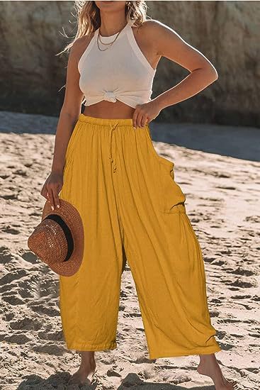 Women's wide palazzo pants made from a lightweight linen blend with drawstring and side pocket Mune Fashion