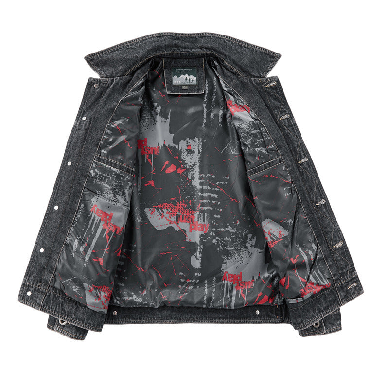 Men's washed denim work jacket with printed lining and chest flap pockets Mune Fashion