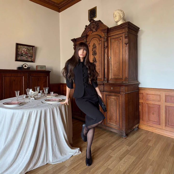 Women Tailored Blazer with Embroidered Shawl Collar and Puff Sleeves Mune Fashion