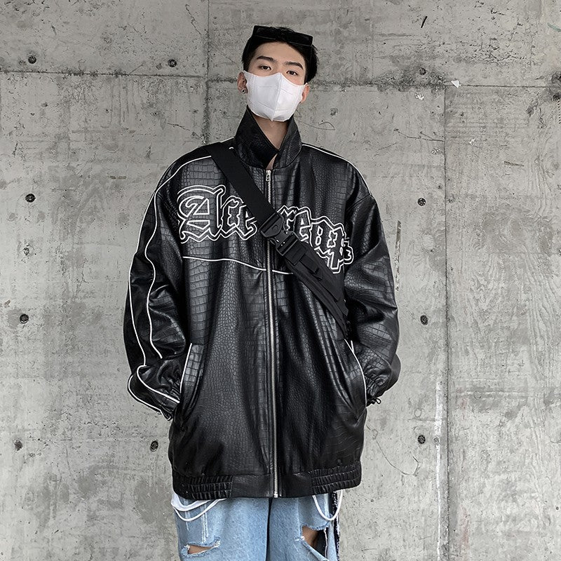 Men's Oversized Faux Leather Jacket with Crocodile Embossing and Contrast Piping Mune Fashion