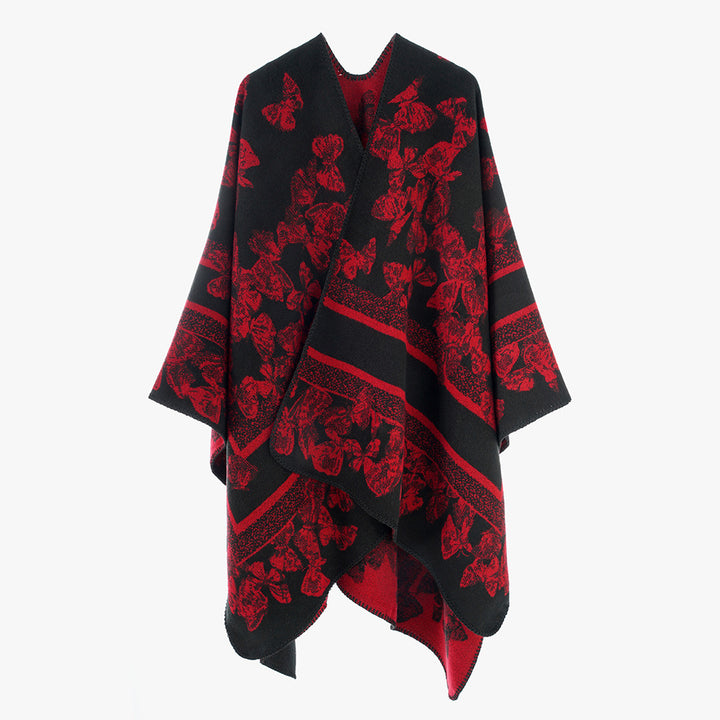 Women's Butterfly Jacquard Ruana made of Wool Blend with Curved Hem Mune Fashion