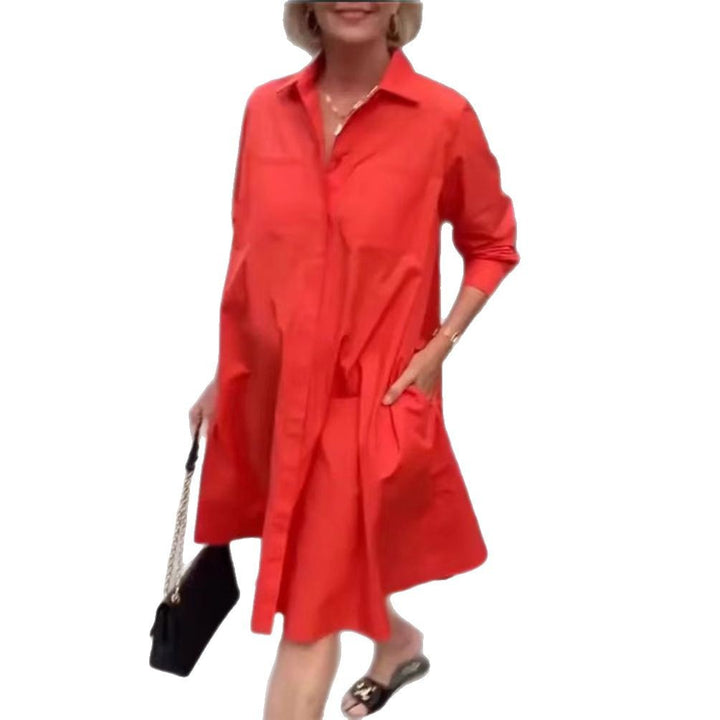 Women's Oversize Poplin Swing Hem Dress with Hidden Button Placket, Pockets, and Roll-Up Sleeves Mune Fashion