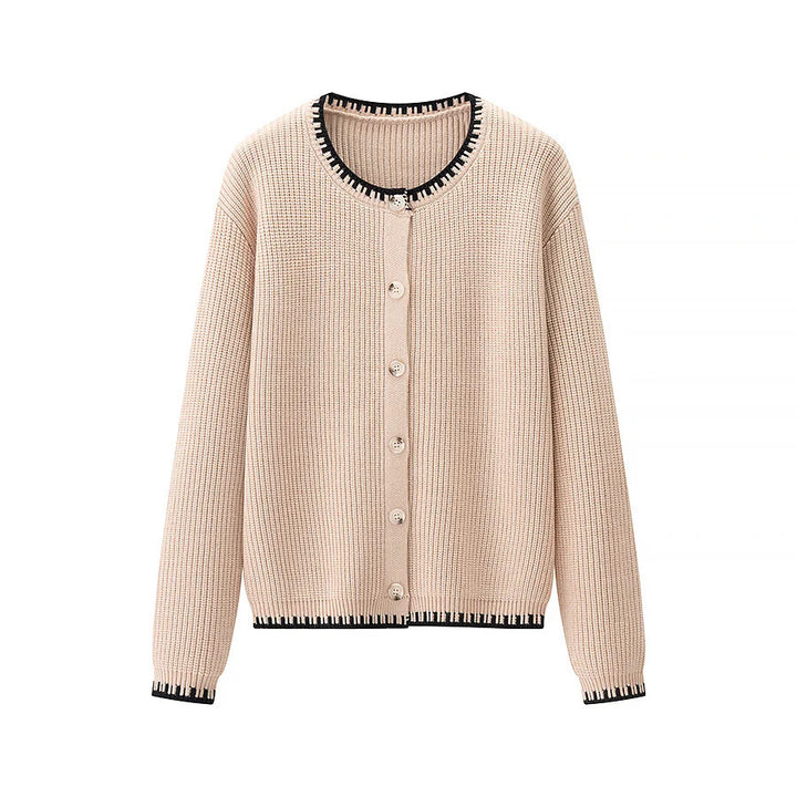 Ladies nan ribbed cardigan with round neck, contrasting piping and continuous button placket Mune Fashion