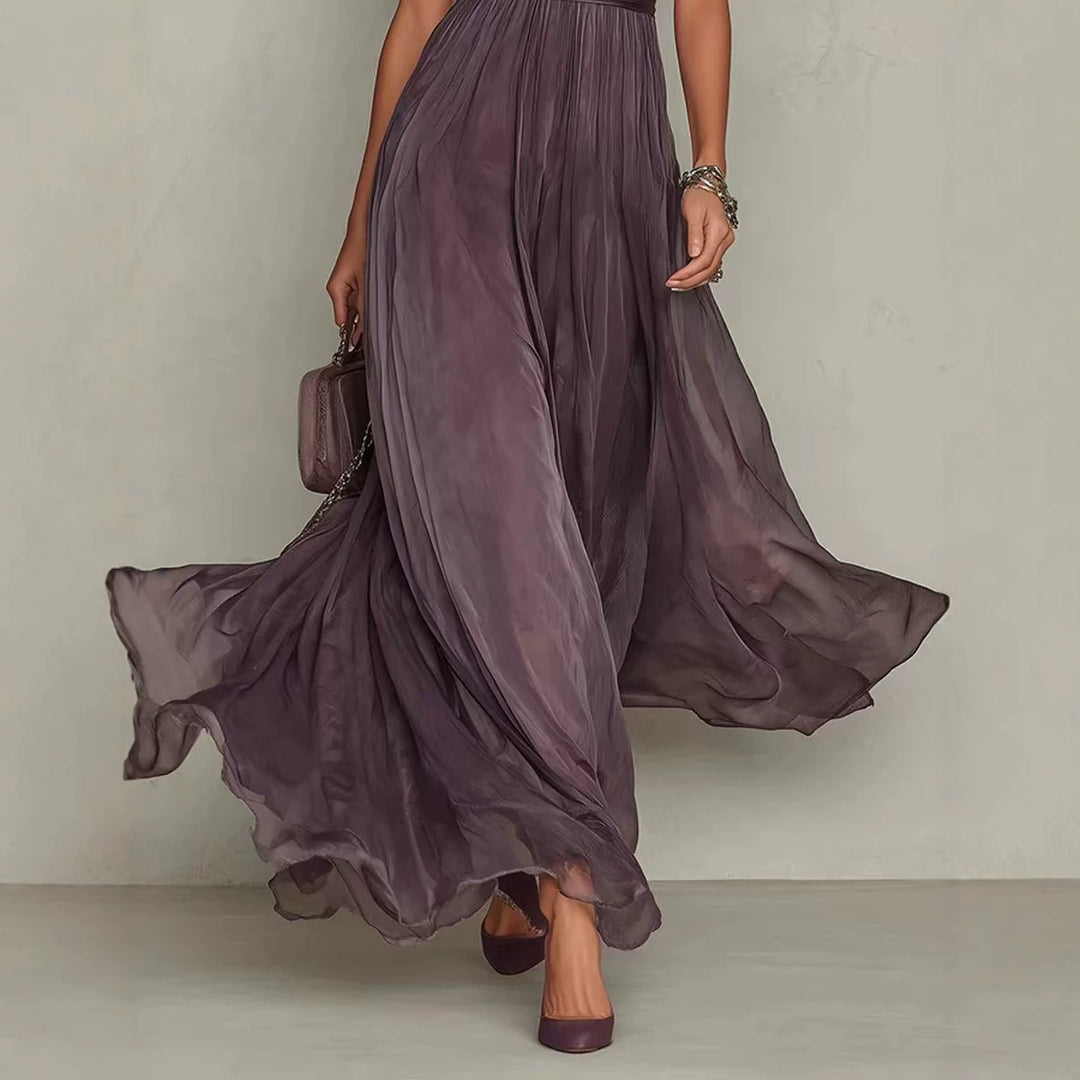 Women's Long Chiffon Evening Dress with Lace Stand Collar, Keyhole Opening and Tailored Sash Mune Fashion