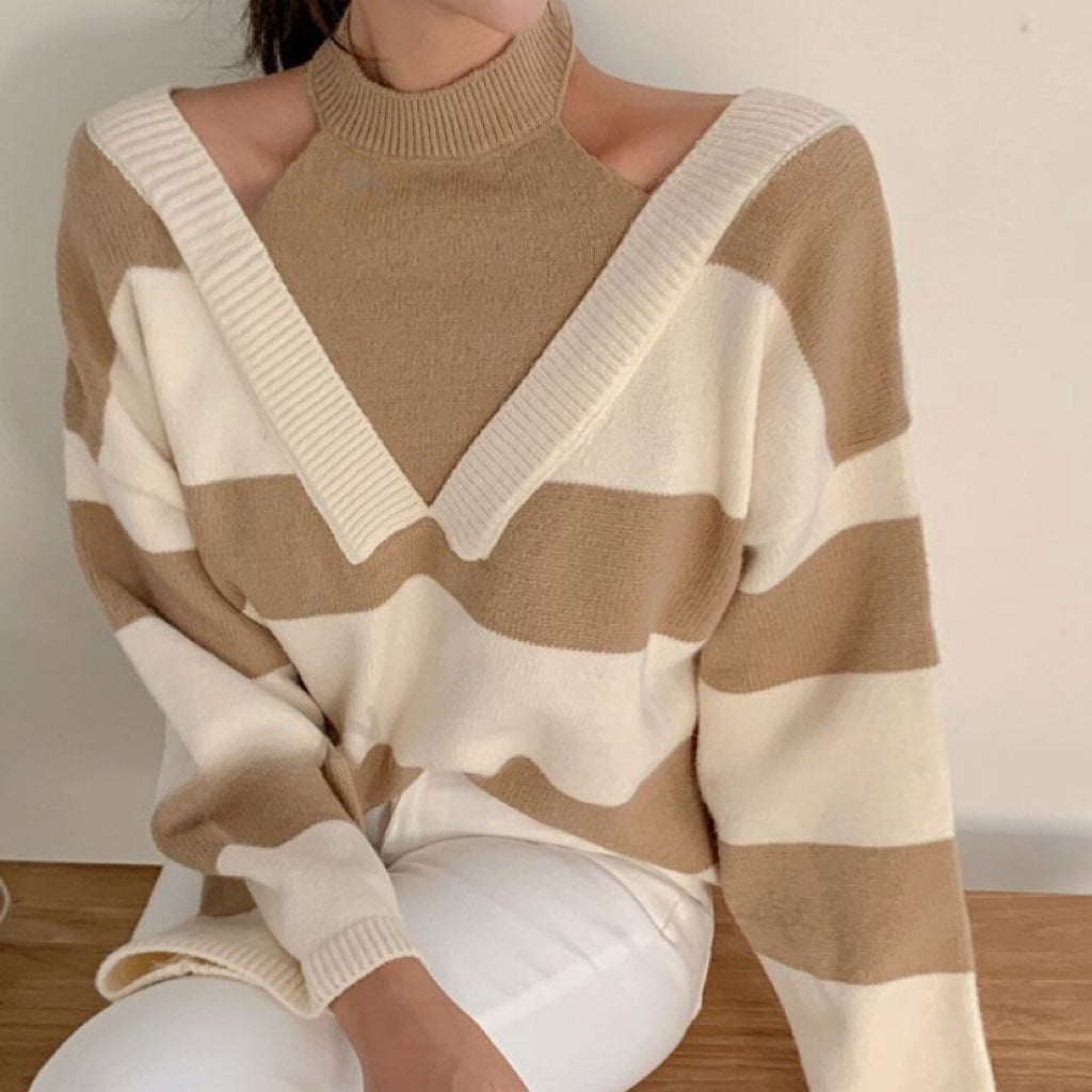 Women's Off-Shoulder Striped Knit Sweater with Cut-Out Shoulders and V-Inset Mune Fashion