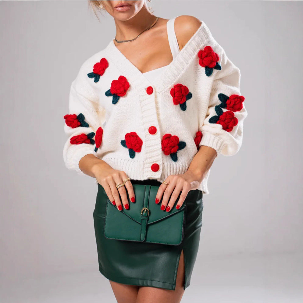 Women's Floral Knit Cardigan with 3D Flower Appliqués and V-Neck Mune Fashion