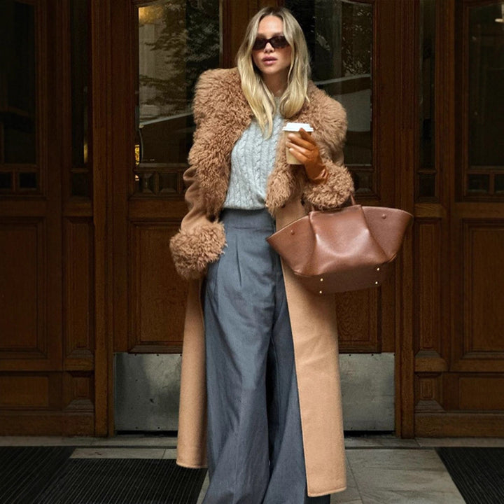 Ladies Maxilength Wool Blend Coat with Detachable Curly Faux Fur Shawl Collar and Fur Cuffs Mune Fashion