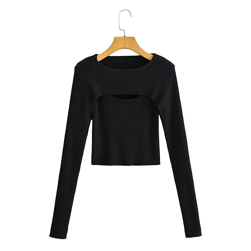 Women short cut ribbed knit top with asymmetric cut-outs and round neckline Mune Fashion