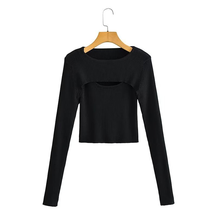 Women short cut ribbed knit top with asymmetric cut-outs and round neckline Mune Fashion