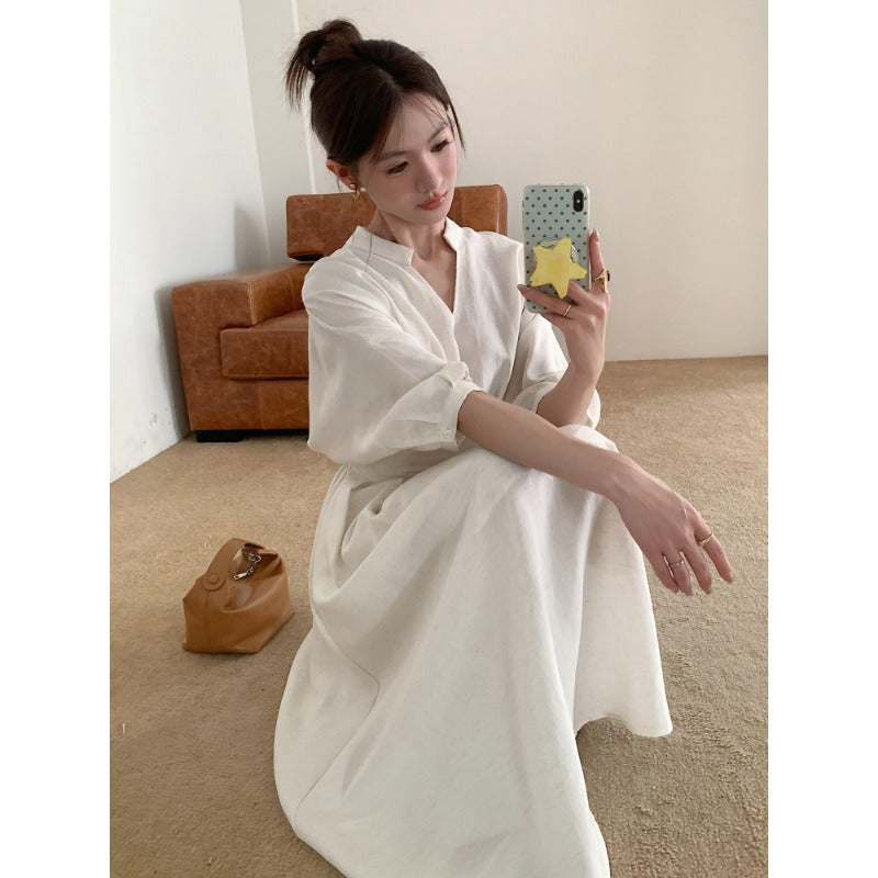 Women Linen Blend Midi Dress with V-Neck, fitted waist and wide sleeves Mune Fashion