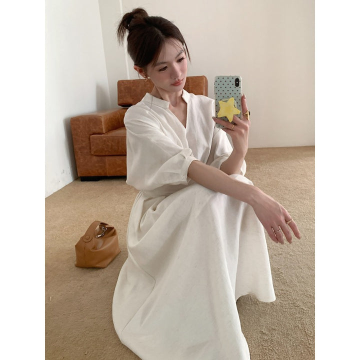 Women Linen Blend Midi Dress with V-Neck, fitted waist and wide sleeves Mune Fashion