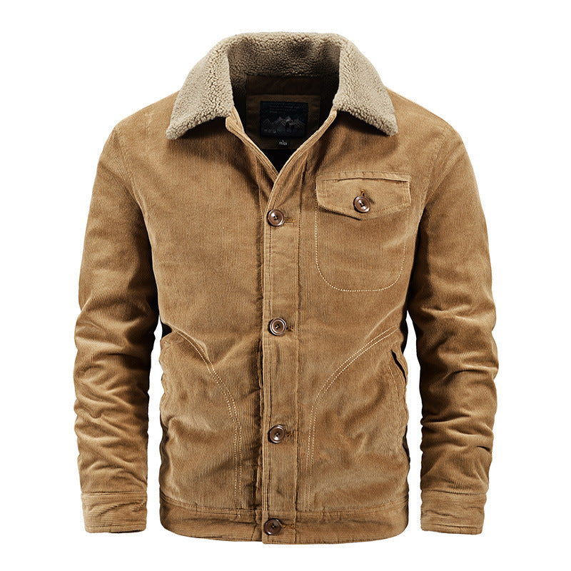 Men's cord trucker jacket with warming Sherpa collar and wooden button front Mune Fashion