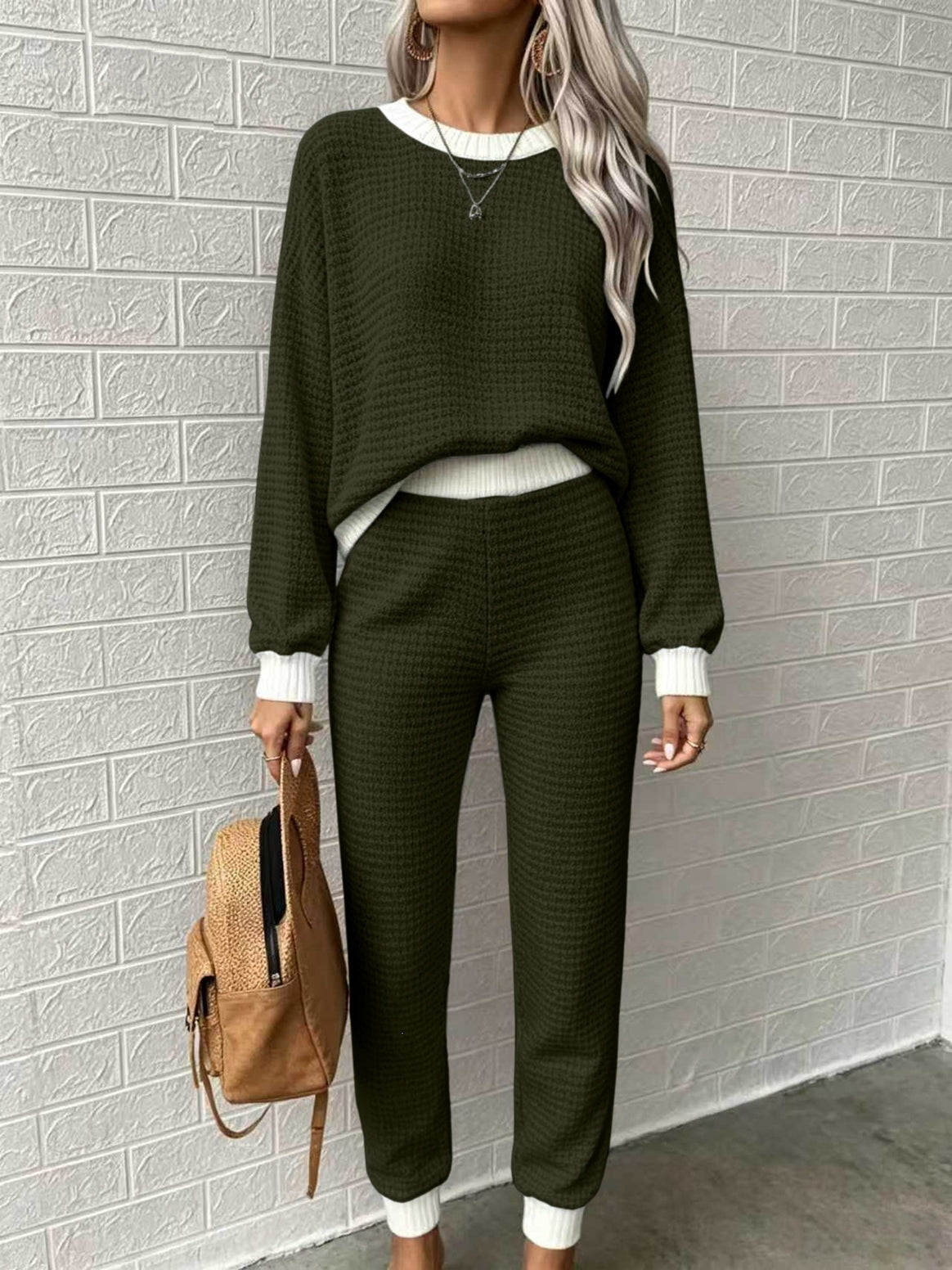 Women Comfortable Waffle Knit Lounge Set with Ribbed Cuffs Mune Fashion