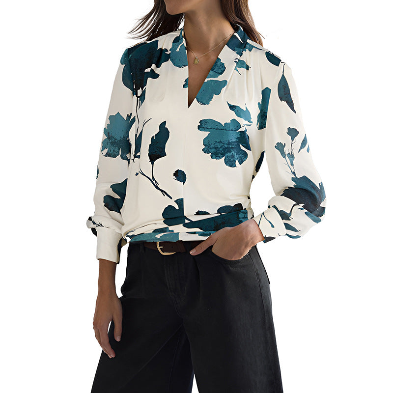 Women's Watercolor Blouse with V-Neck, Pleated Shoulder and Casual Wrap Look Mune Fashion