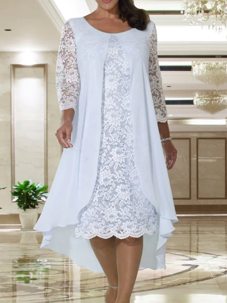Ladies' elegant chiffon lace dress with high-low overlay and three-quarter sleeves Mune Fashion