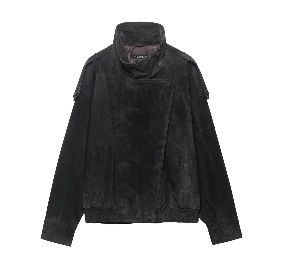 Men's suede jacket with high stand collar, asymmetrical button placket, and elastic hem Mune Fashion
