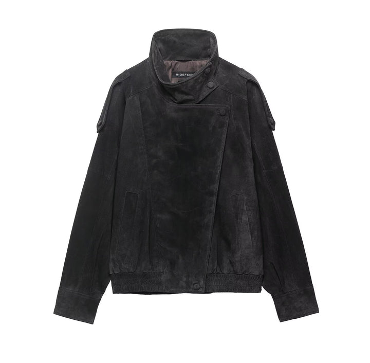 Men's suede jacket with high stand collar, asymmetrical button placket, and elastic hem Mune Fashion