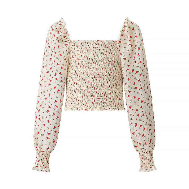 Women Smocked Cropped Top with Puff Sleeves and Floral Print Mune Fashion