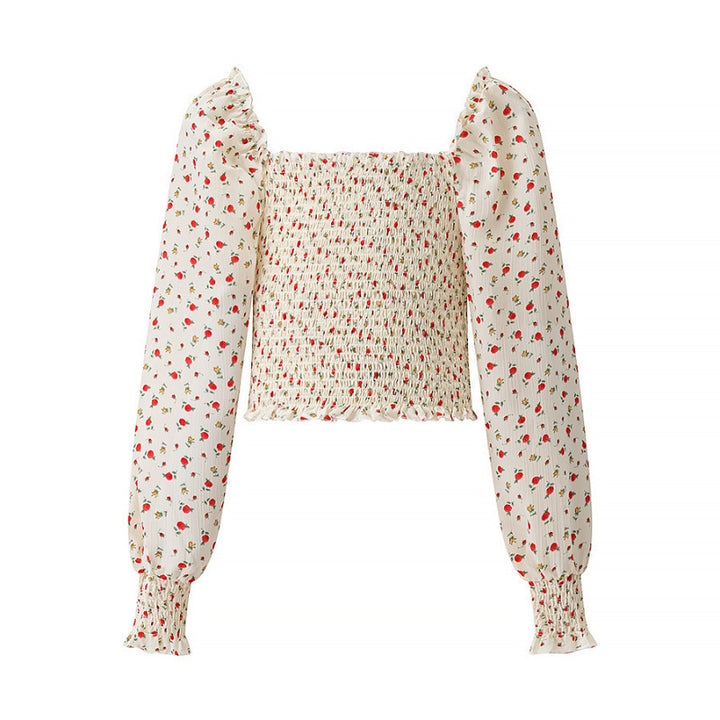 Women Smocked Cropped Top with Puff Sleeves and Floral Print Mune Fashion