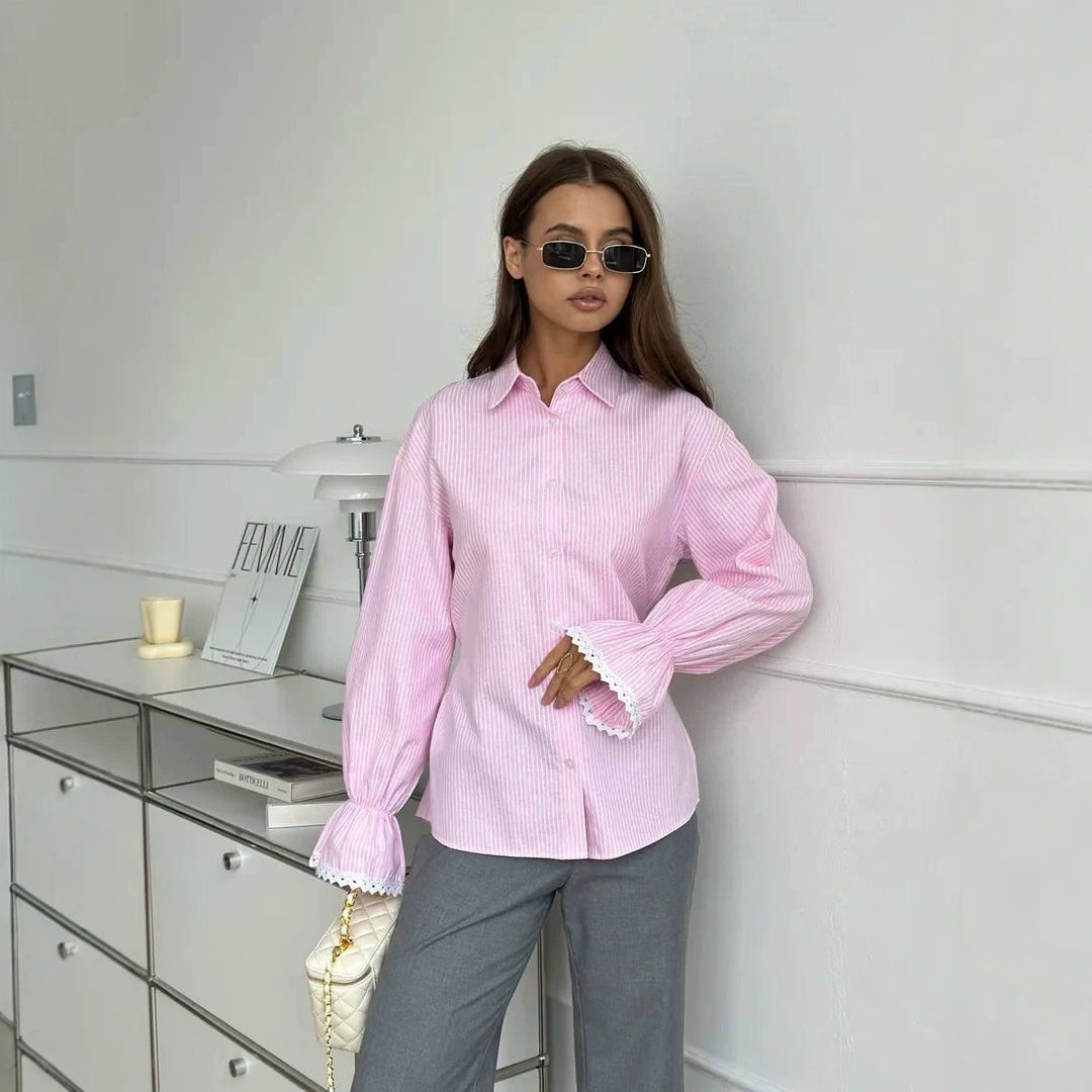 Ladies Striped Cotton Blouse with Lace Trim on Bell Sleeves Mune Fashion