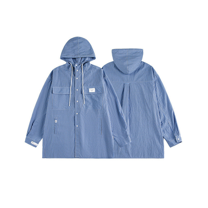 Unisex hooded overshirt in checked longline cut with flap pockets and snap button placket Mune Fashion