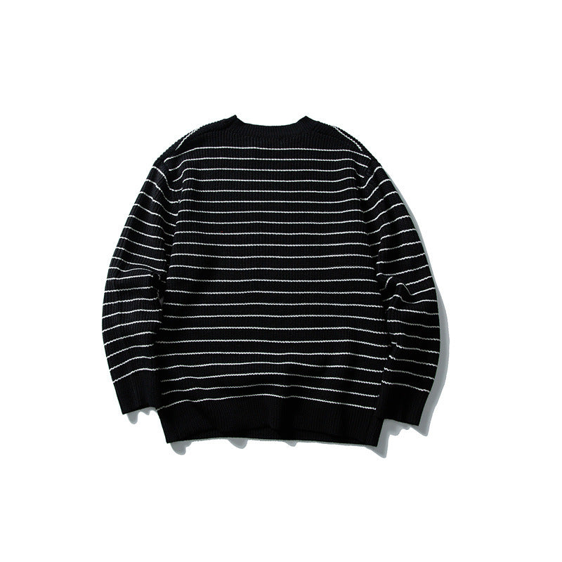 Unisex wide rib knit sweater with maritime stripe pattern and straight hem Mune Fashion