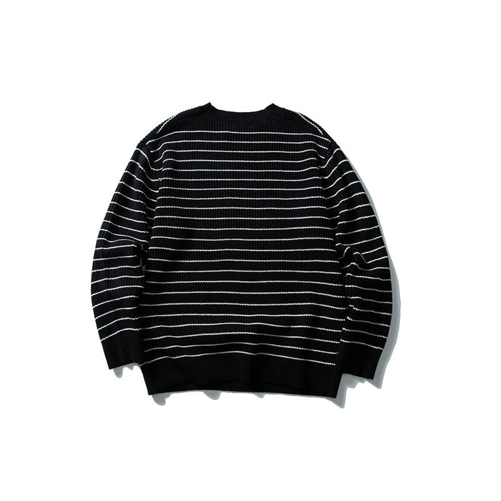 Unisex wide rib knit sweater with maritime stripe pattern and straight hem Mune Fashion