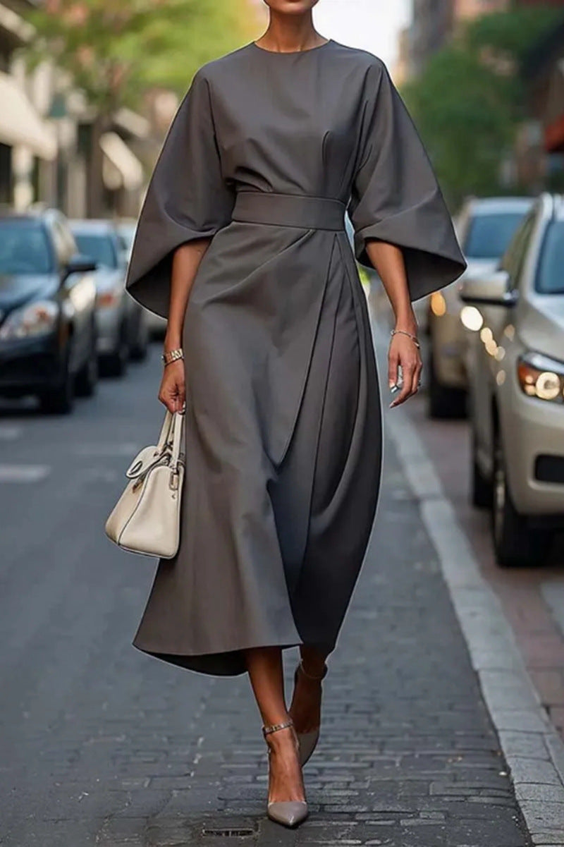 Ladies Elegant Midi Dress with Wide Kimono Sleeves, Tailored Belt and Draped A-Line Mune Fashion