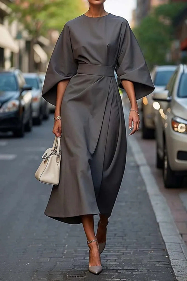 Ladies Elegant Midi Dress with Wide Kimono Sleeves, Tailored Belt and Draped A-Line Mune Fashion