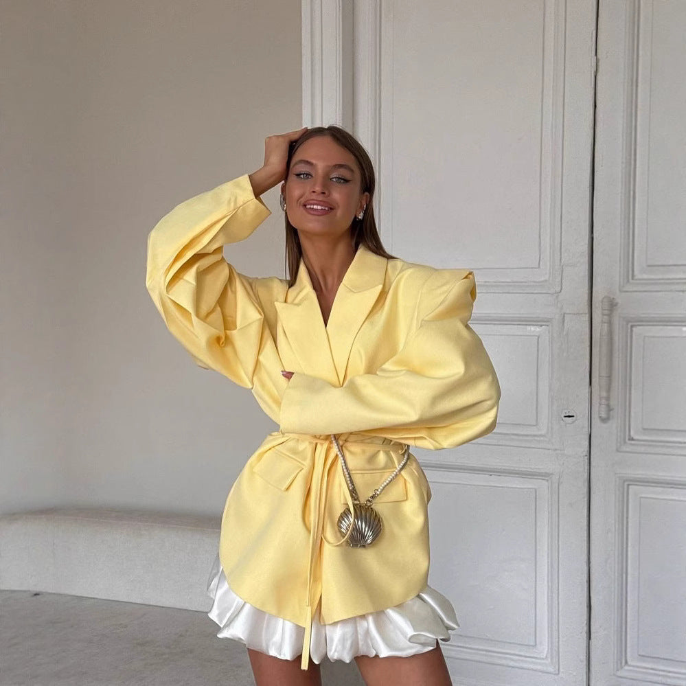 Women's Oversized Blazer Jacket with Waist Belt and Balloon Sleeves Mune Fashion