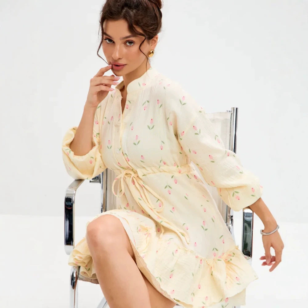 Ladies Floral Cotton Mini Dress with Waist Lacing and Ruffle Hem Mune Fashion