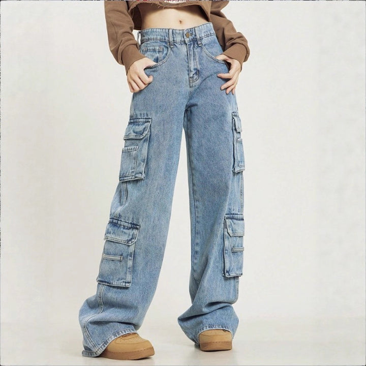 Women's High-Cut Baggy Cargo Jeans with Multiple Utility Pockets Mune Fashion