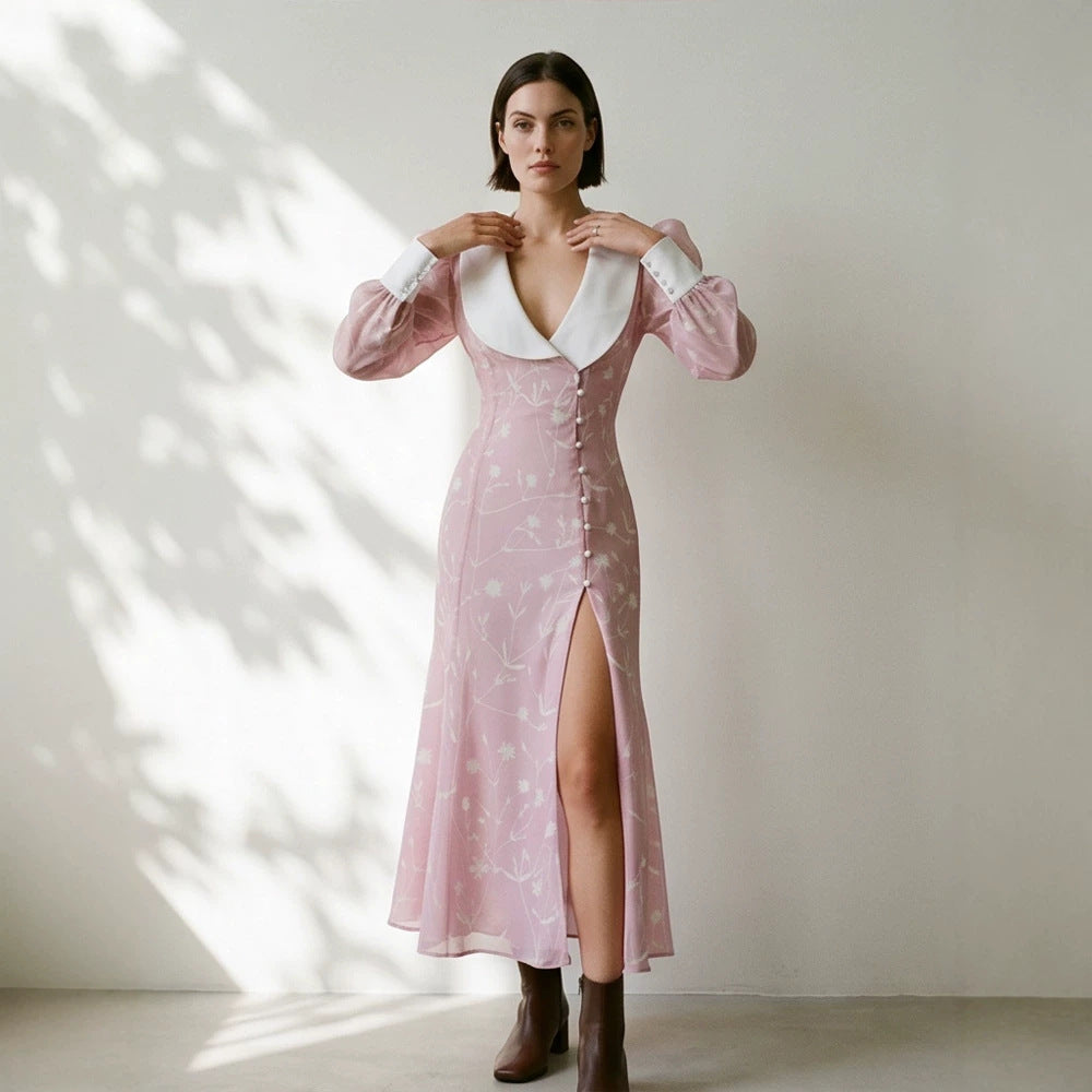 Women's midi dress with deep shawl collar, puff sleeves, and side slit Mune Fashion