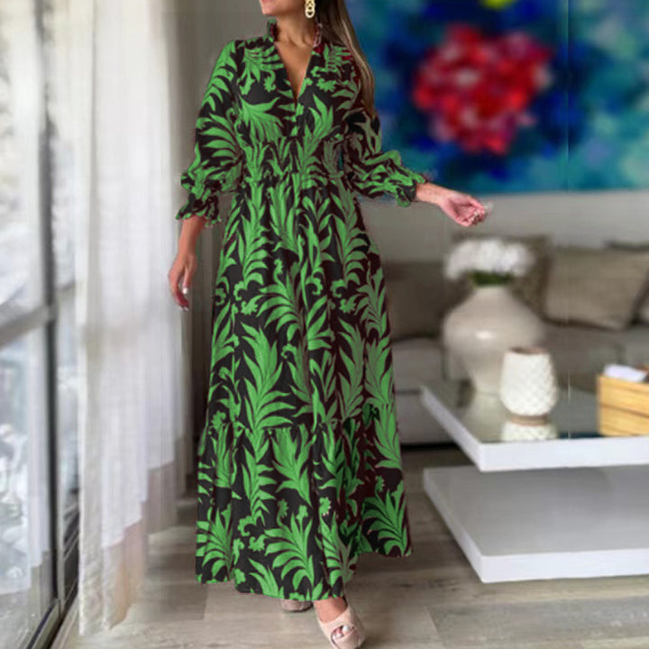 Women Long Maxi Dress with V-Neck, Elastic Smocked Waistband, Tiered Skirt, and Balloon Sleeves Drune