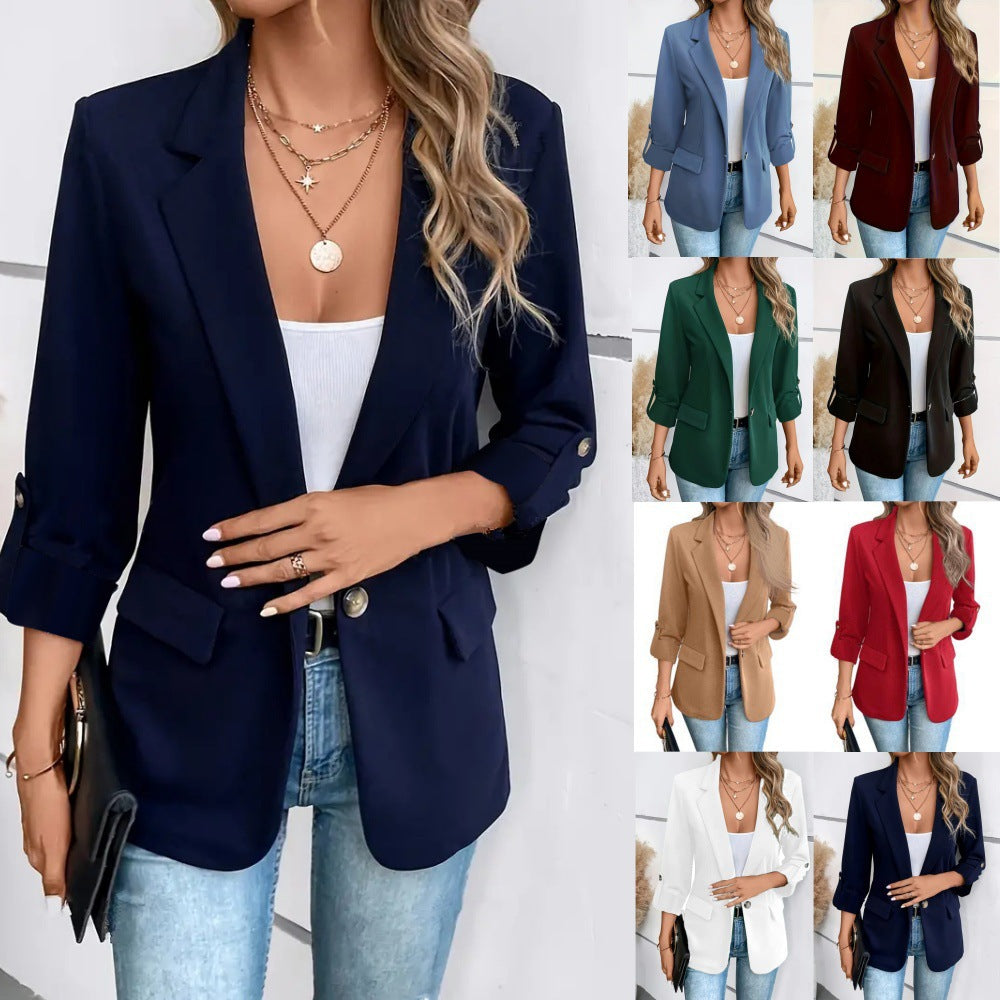 Women's tailored business blazer with cap sleeves, turned-up cuffs, and decorative buttons Mune Fashion