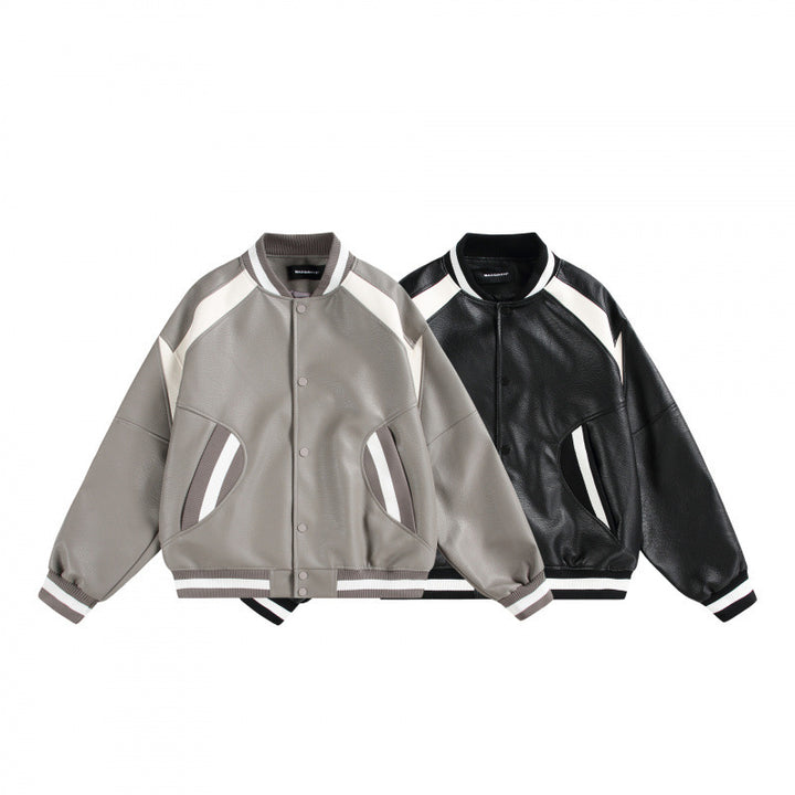 Unisex Boxy Oversized Faux Leather Bomber Jacket with Contrast Panels and Ribbed Cuffs Mune Fashion