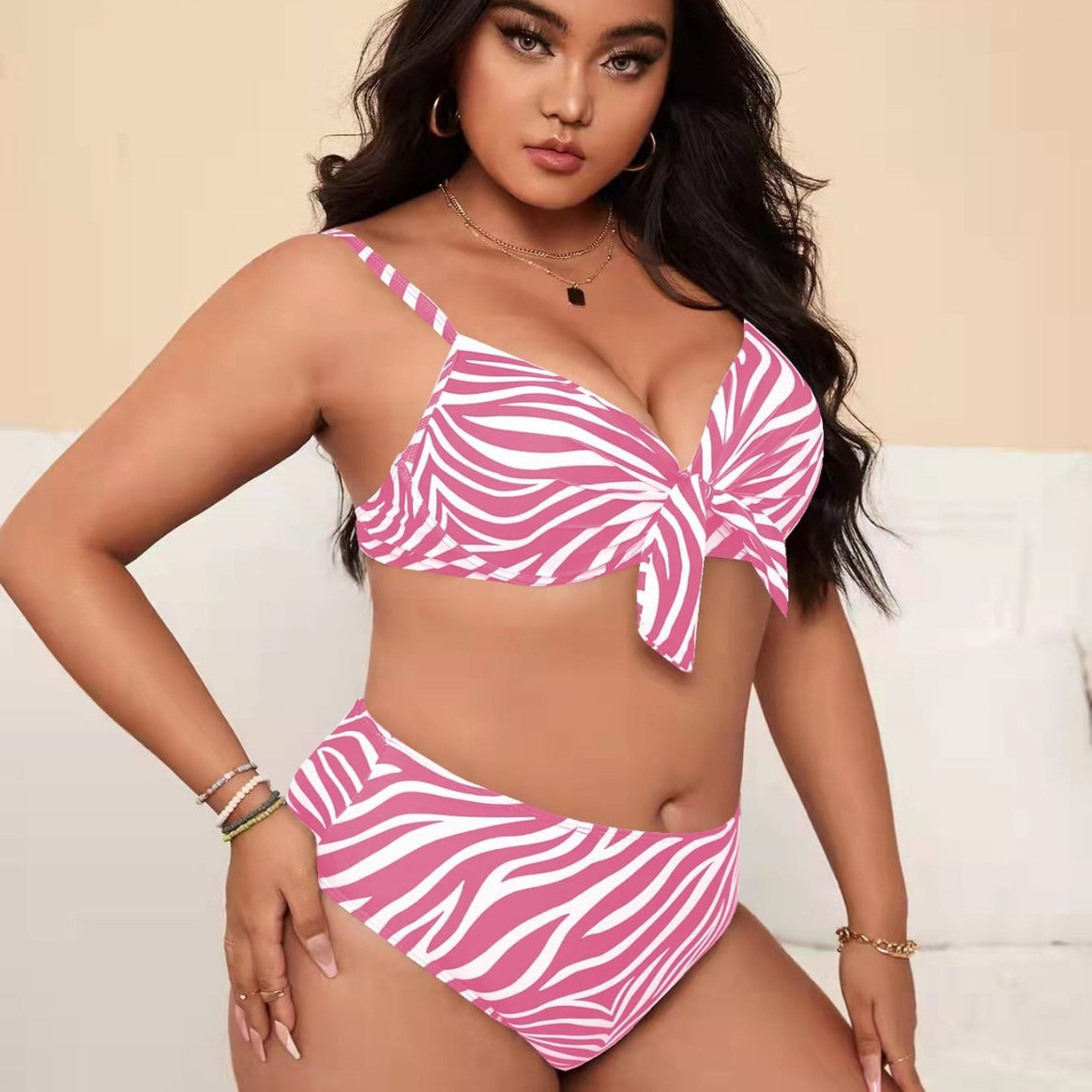 Women's bikini set with fashionable zebra pattern and adjustable knot Mune Fashion