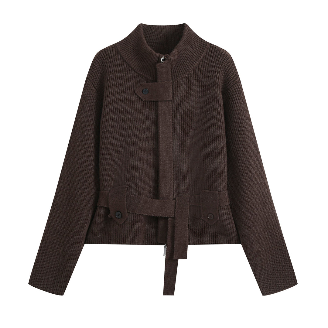 Women's cardigan with stand collar, zipper and waist tie belt Mune Fashion