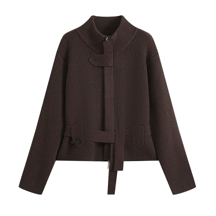 Women's cardigan with stand collar, zipper and waist tie belt Mune Fashion